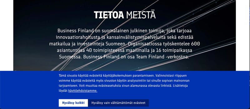 Business Finland verkkosivujen evästekysely.