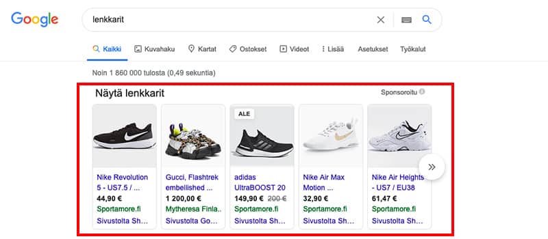 Google Shopping -mainokset näkyvät ennen hakutuloksia kuvina ja tekstinä.