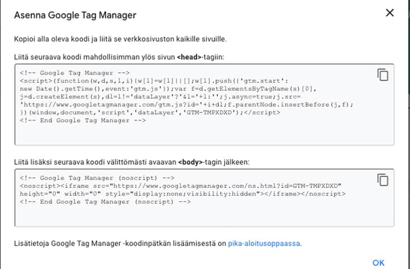 Google Tag Manager lisätään sivusstolle yleensä koodin avulla.