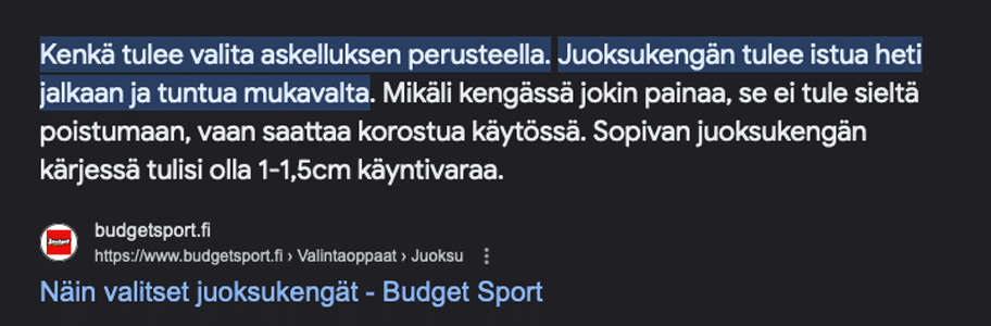 Hakutulos sanoille 'juoksukenkien valinta'. Tuloksena suora vastaus, joka toteuttetu scheman avulla.