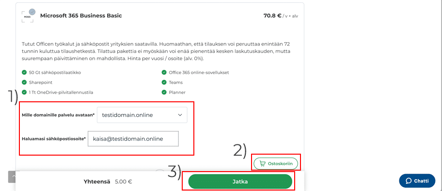 Valitse haluamasi Microsoft 365 -palvelu, valitse sen jälkeen, mille verkkotunnukselle palvelu avataan ja haluamasi sähköpostiosoite. Paina sitten ostoskoriin-painiketta ja lopuksi jatka.