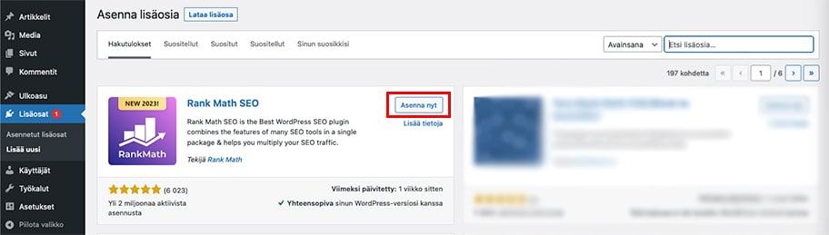 Valitse WordPressin hallintapaneelista lisäosat -> lisää uusi ja etsi Rank Math.