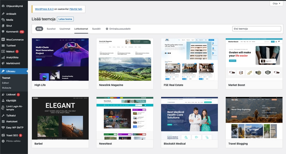 Etsi sopiva teema sivupalkin kohdasta "ulkoasu.