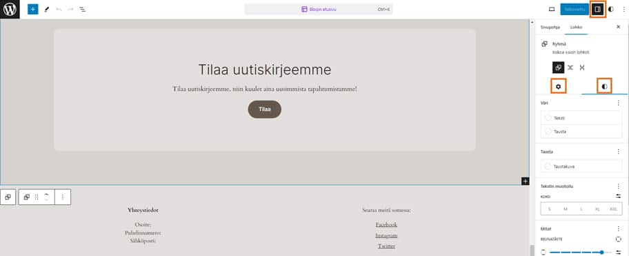 Lohkon asetuksia voi muokata myös helposti.
