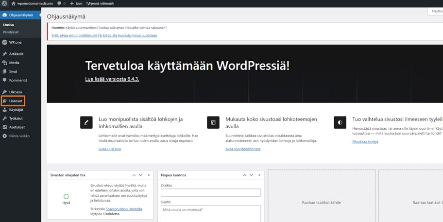 WordPress-lisäosien asentaminen onnistuu lisäosat-kohdasta vasemmasta sivupalkista. 