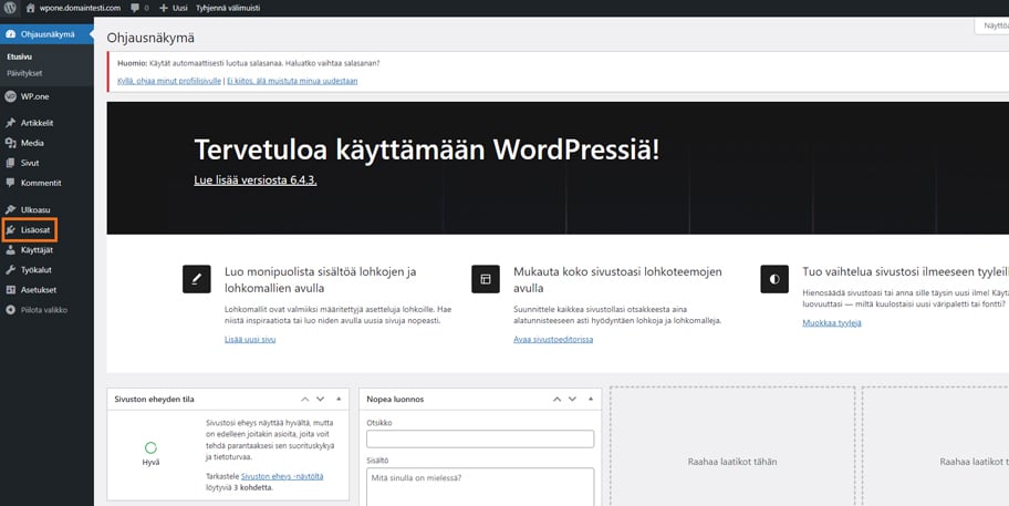 WordPress-lisäosien asentaminen onnistuu lisäosat-kohdasta vasemmasta sivupalkista.