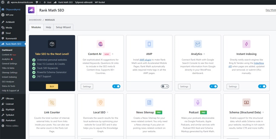 Rank Math löytyy jatkossa vasemmasta sivupalkista.