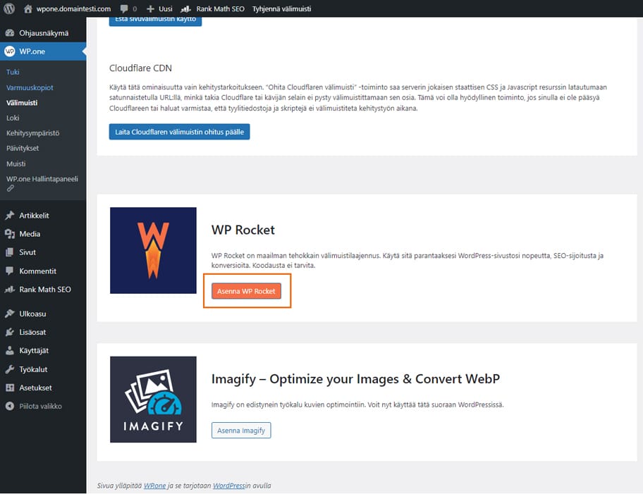 WP Rocket täytyy vielä asentaa.