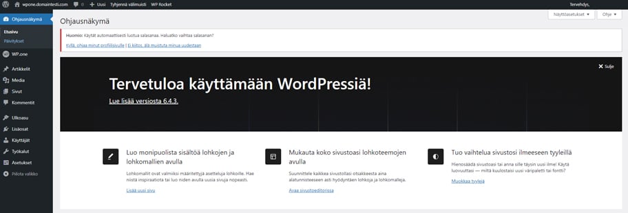 WordPress-hallintapaneelin ohjausnäkymä. 