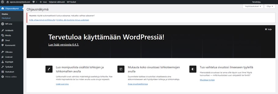 WordPress-hallintapaneelin ohjausnäkymä.