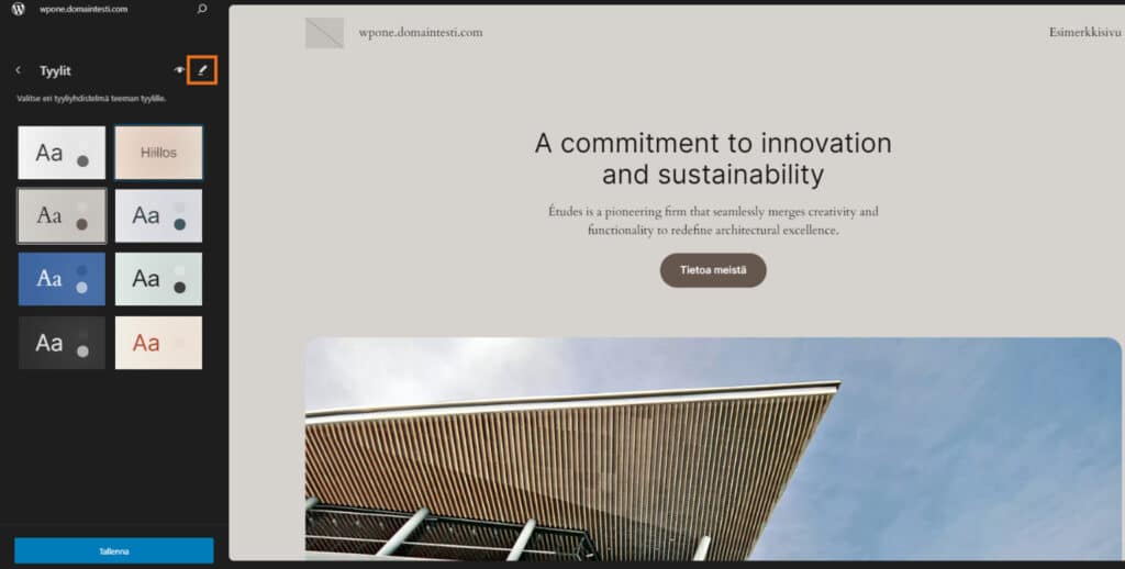 Sopivan väripaletin valinta teeman editorissa.