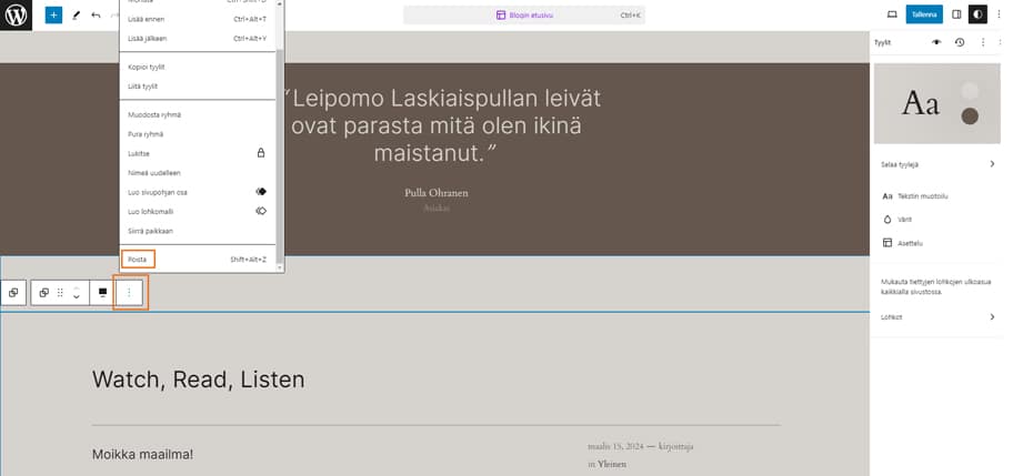 Lohkoja voi lisätä, poistaa, muokata tai tallentaa lohkomalleiksi.