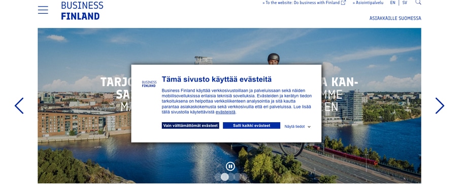 Business Finlandin evästekysely on toteutettu pop upina.