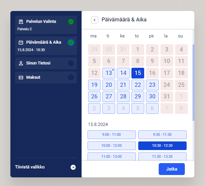 Amelia ajanvarasujärjestelmä kalenteri esimerkkikuva