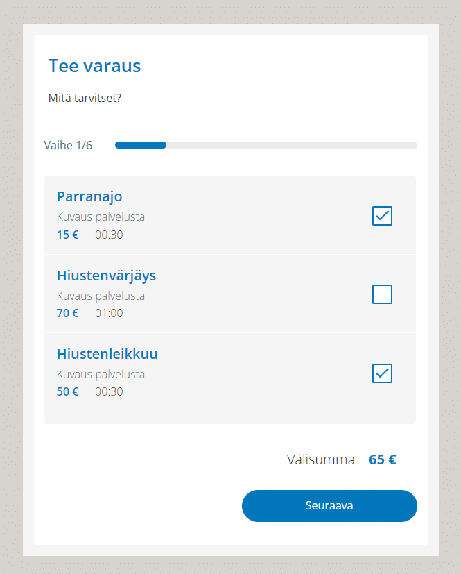 Salon booking system varaus esimerkkikuva