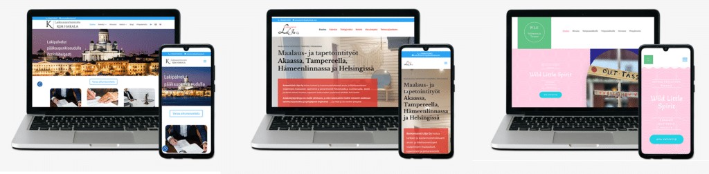 Kolme kappaletta Yrityksesi verkossa Oy:n tekemiä kotisivuja tietokone-ja mobiilinäkymissä.