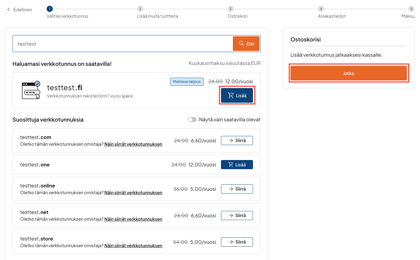 Domainin ostaminen onnistuu helposti domain haku työkalun avulla.