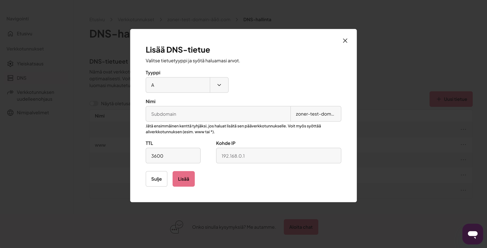 DNS tietueen lisääminen DNS tietueen lisääminen
